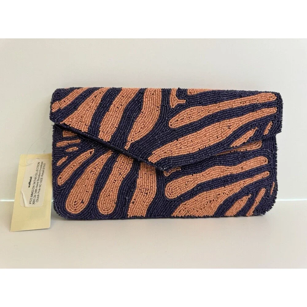 On 34th hand-beaded envelope clutch -navy and coral pink zebra stripe design